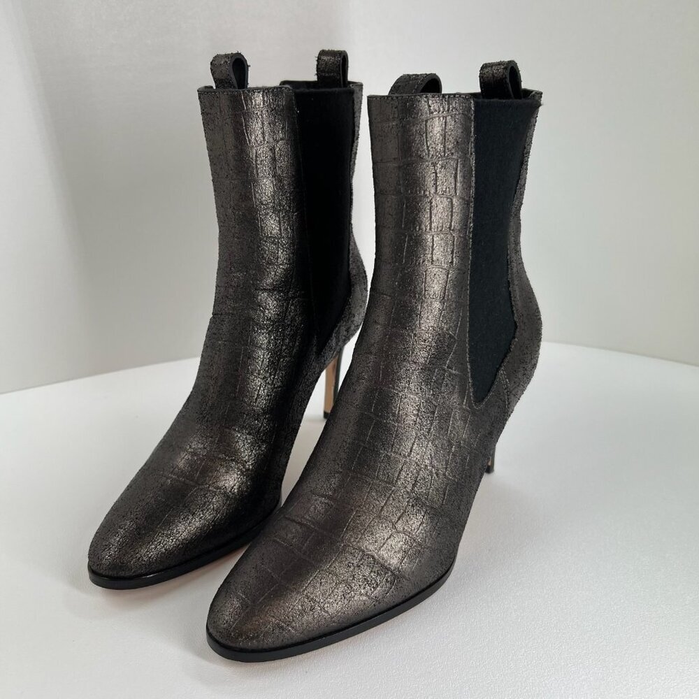 PAIGE Celeste Ankle Bootie Size 8.5 Stiletto Heel Gunmetal Croc Leather Metallic